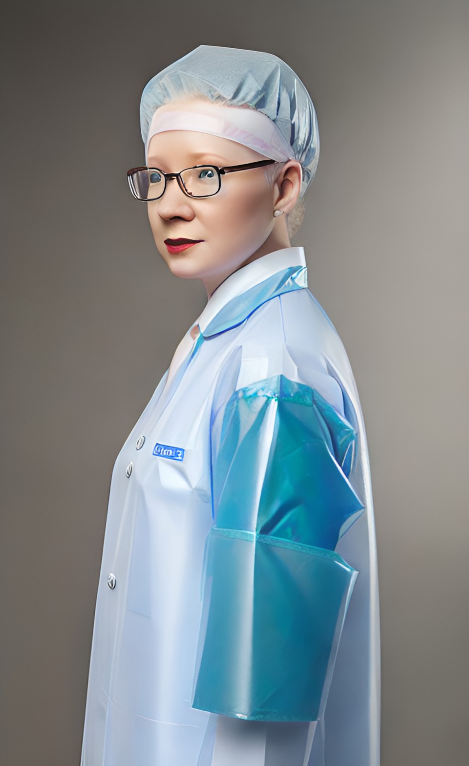 Doctor Tracy 2 - albino doctor woman in transparent pvc uniform with surgical gloves preview