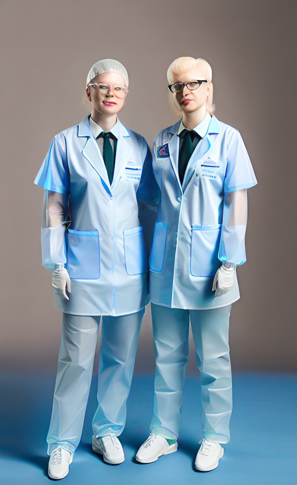 Two Albino Doctors - two albino doctor woman in transparent pvc uniform with surgical gloves preview