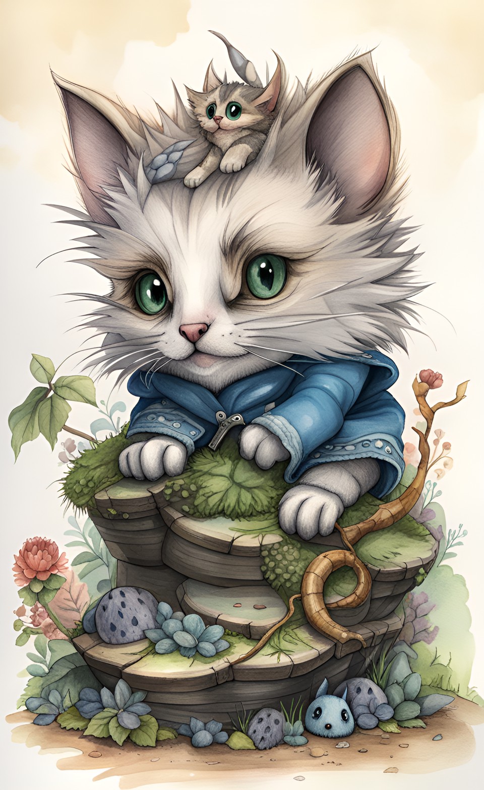 concept art of hybrid (chibi) ![kitten]! + ![hedgehog]!, fantasy concept hybrid by mutant hybrid [cute] pet highly detailed,  perfect composition, watercolor and ink,  concept art, smooth, illustration by beatrix potter :: meticulously hyperdetailed fantasy illustration with breathtaking intricate details preview