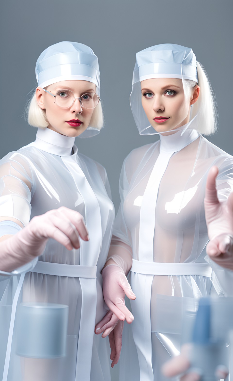 Two Akbino Sisters Doctors 3 - two albino doctor woman in transparent pvc uniform with surgical gloves preview