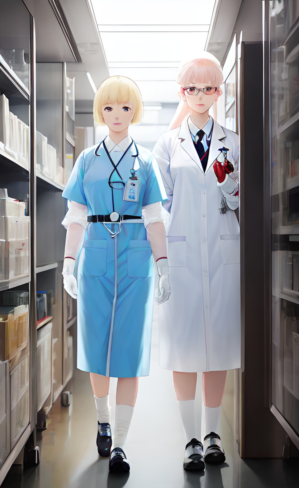 Two Twins Doctors - two albino doctor woman in transparent pvc uniform with surgical gloves preview