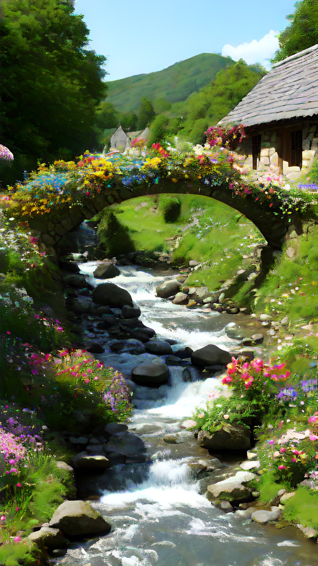 a single bridge across the stream in a remote village with stone houses left and right the stream.the flowers fill the village preview