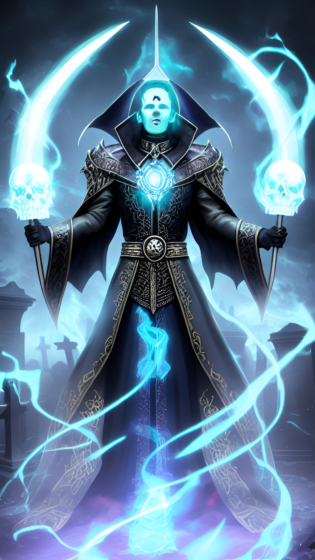 soul-clad necromancer, necromancer in a graveyard surrounded by reanimated corpses surging with soul energy preview