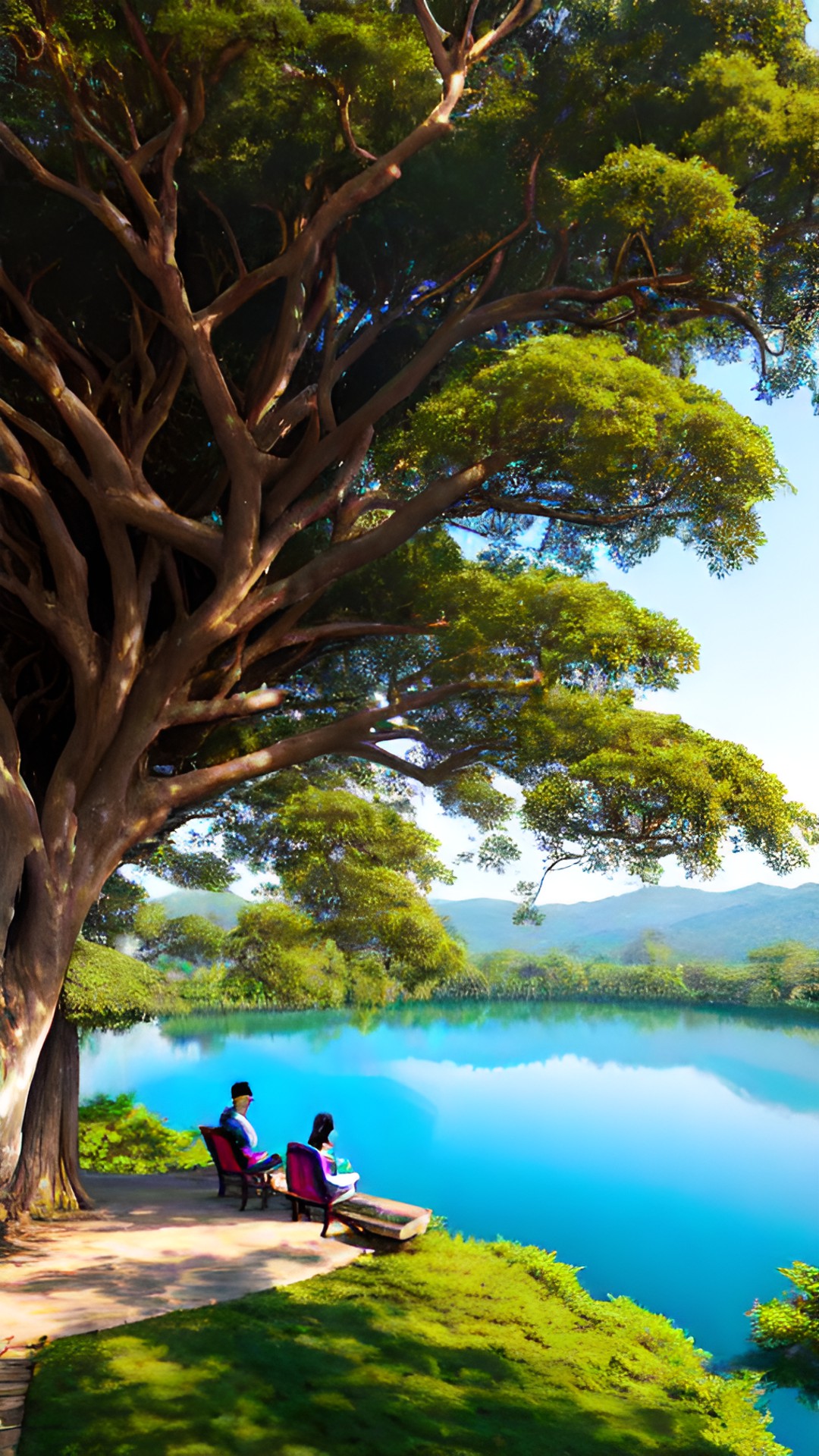 1 man and 1 woman sitting on chairs under a very large ancient banyan tree overlooking a clear lake in the morning preview