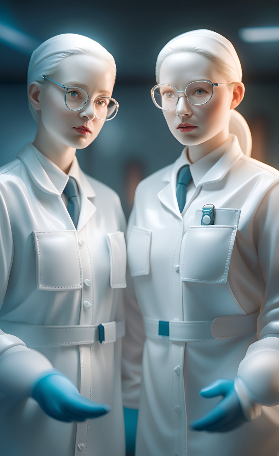 Two Albino Twins - two albino doctor woman in transparent pvc uniform with surgical gloves preview