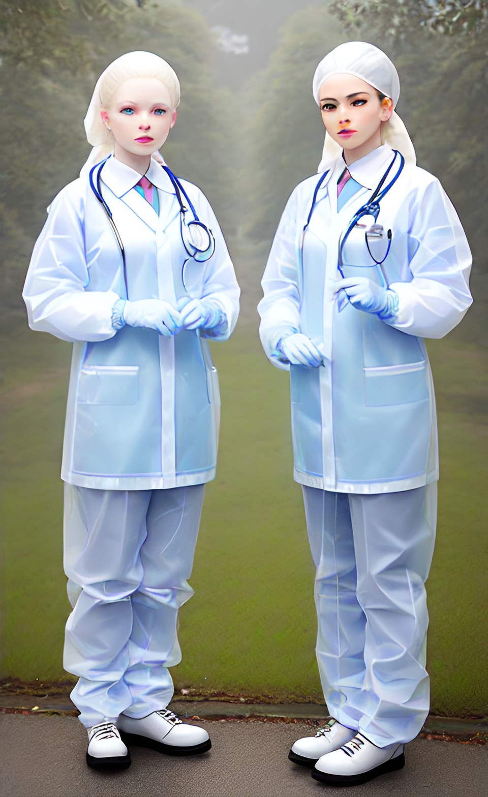 Two Albino Twins 2 - two twins albino doctor woman in transparent pvc uniform with surgical gloves preview