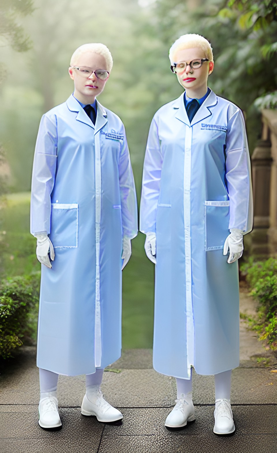 Two Albino Twins 3 - two twins albino doctor woman in transparent pvc uniform with surgical gloves preview