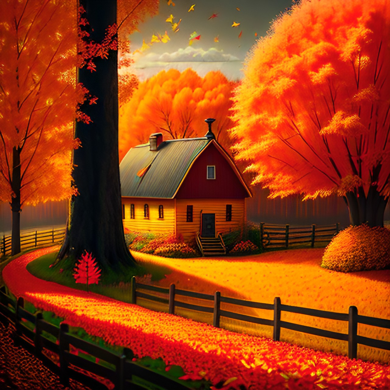 Cute farm in autumn - a cute little farm in the fall with red, orange, and yellow leaves on the trees preview