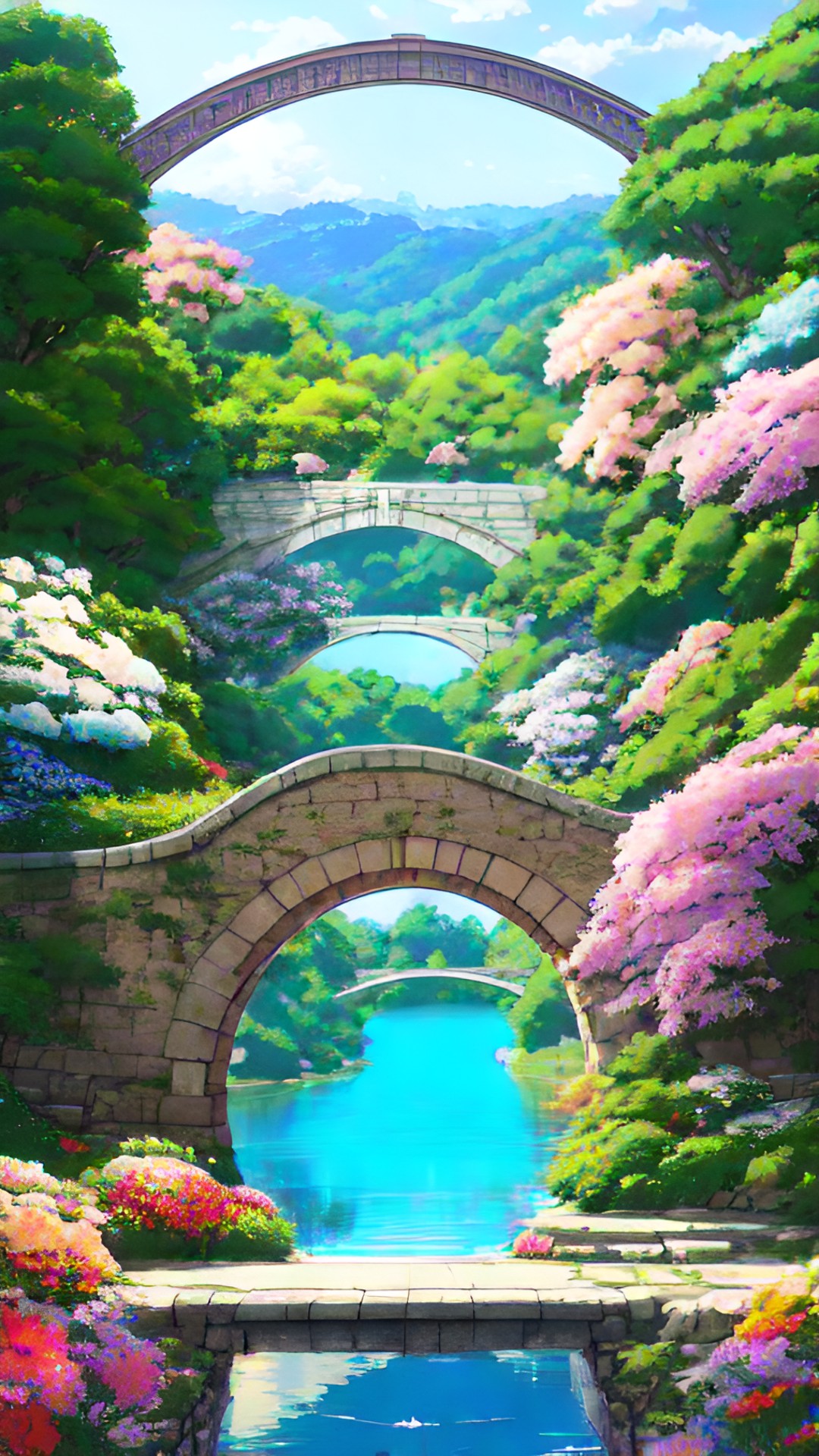 a lake under the bridge, a flower on the lake, a bridge with an arch flowery preview