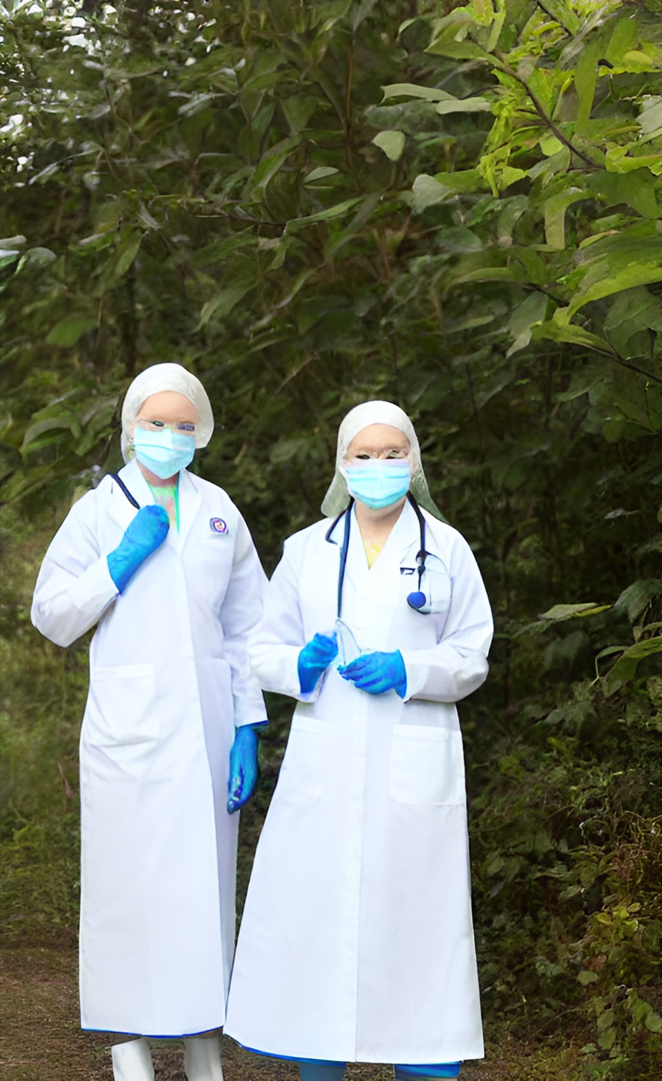 Two Twins Albino Doctors 8 - two twins albino doctor woman in transparent pvc uniform with surgical gloves preview