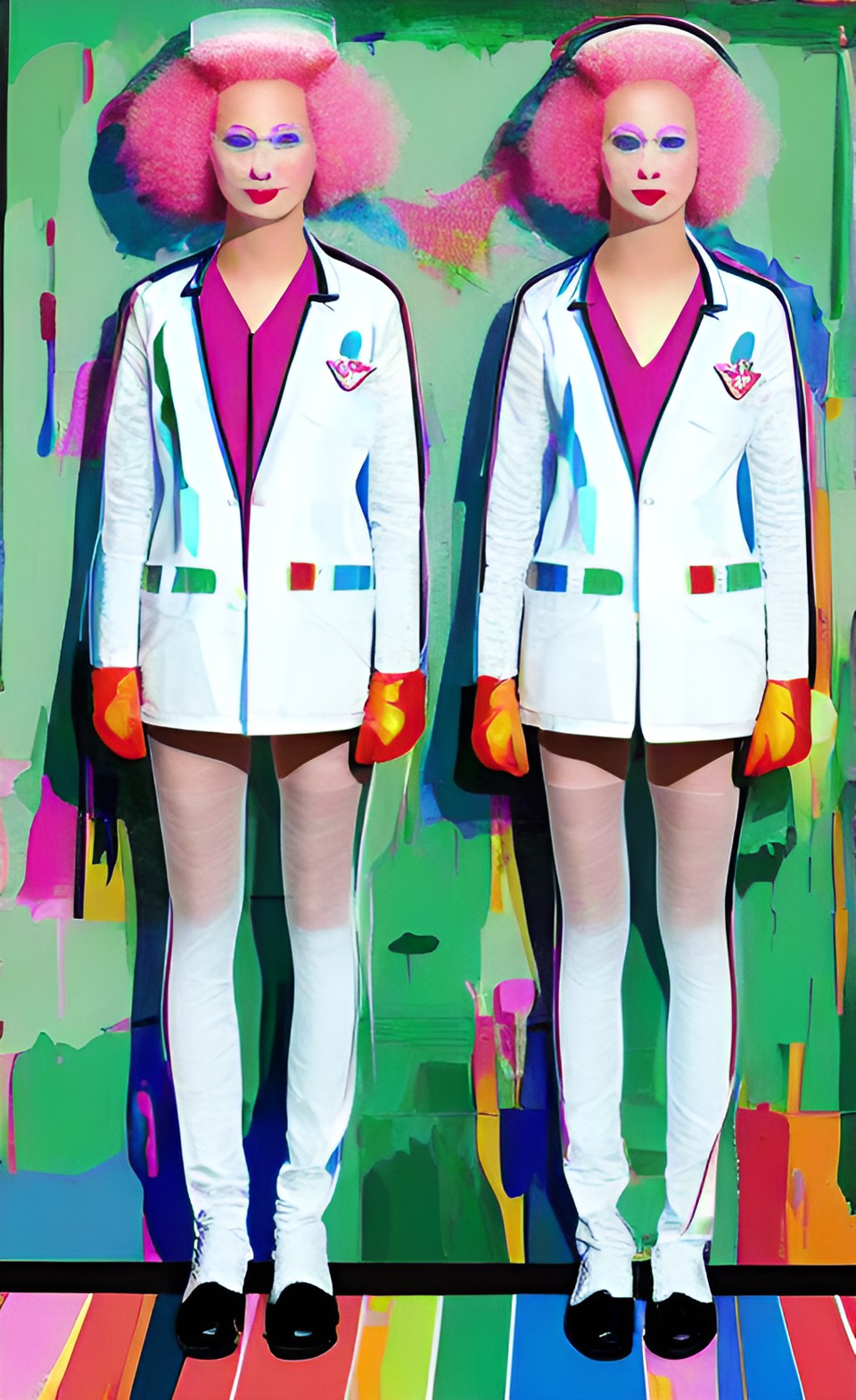 Two Special Twins Doctors - two twins albino doctor woman in transparent pvc uniform with surgical gloves preview