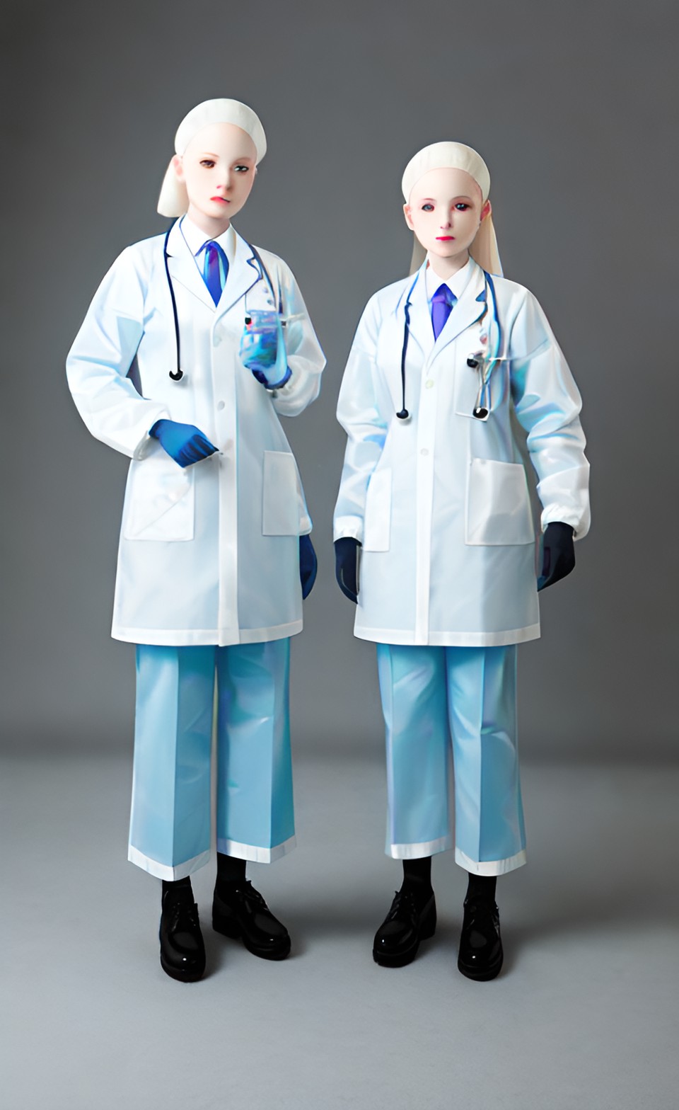 Two Little Twins Doctors 9 - two twins albino doctor woman in transparent pvc uniform with surgical gloves preview