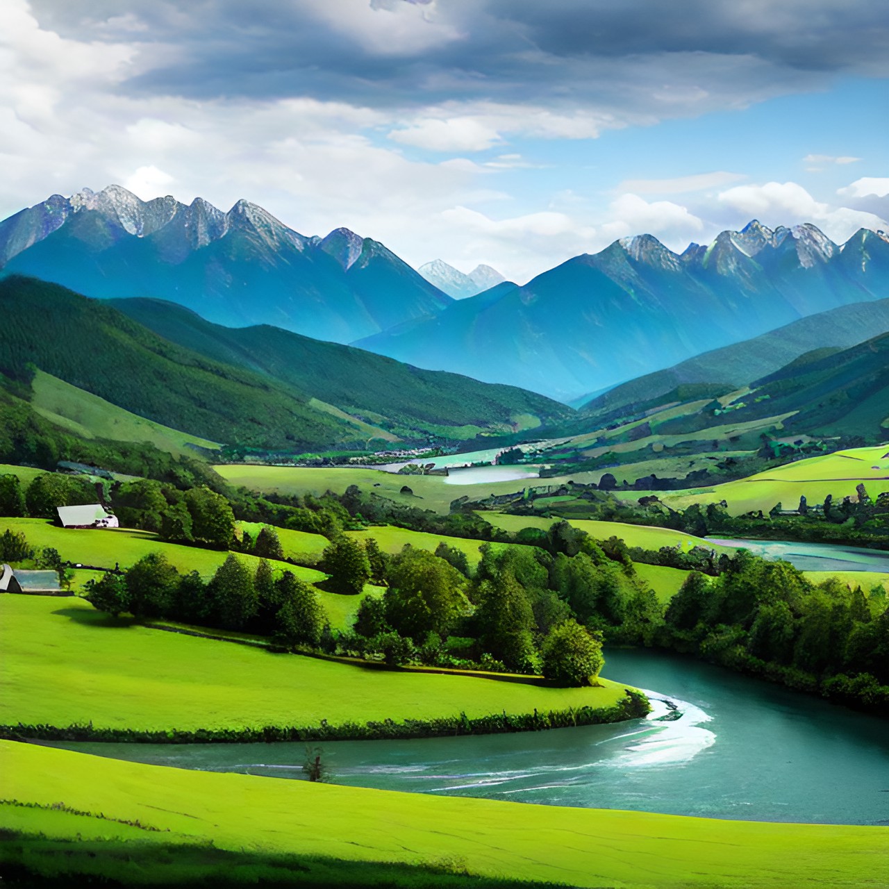 a green field with mountains and rivers jn the distance with a cottage in the distance with slightly dark clouds preview