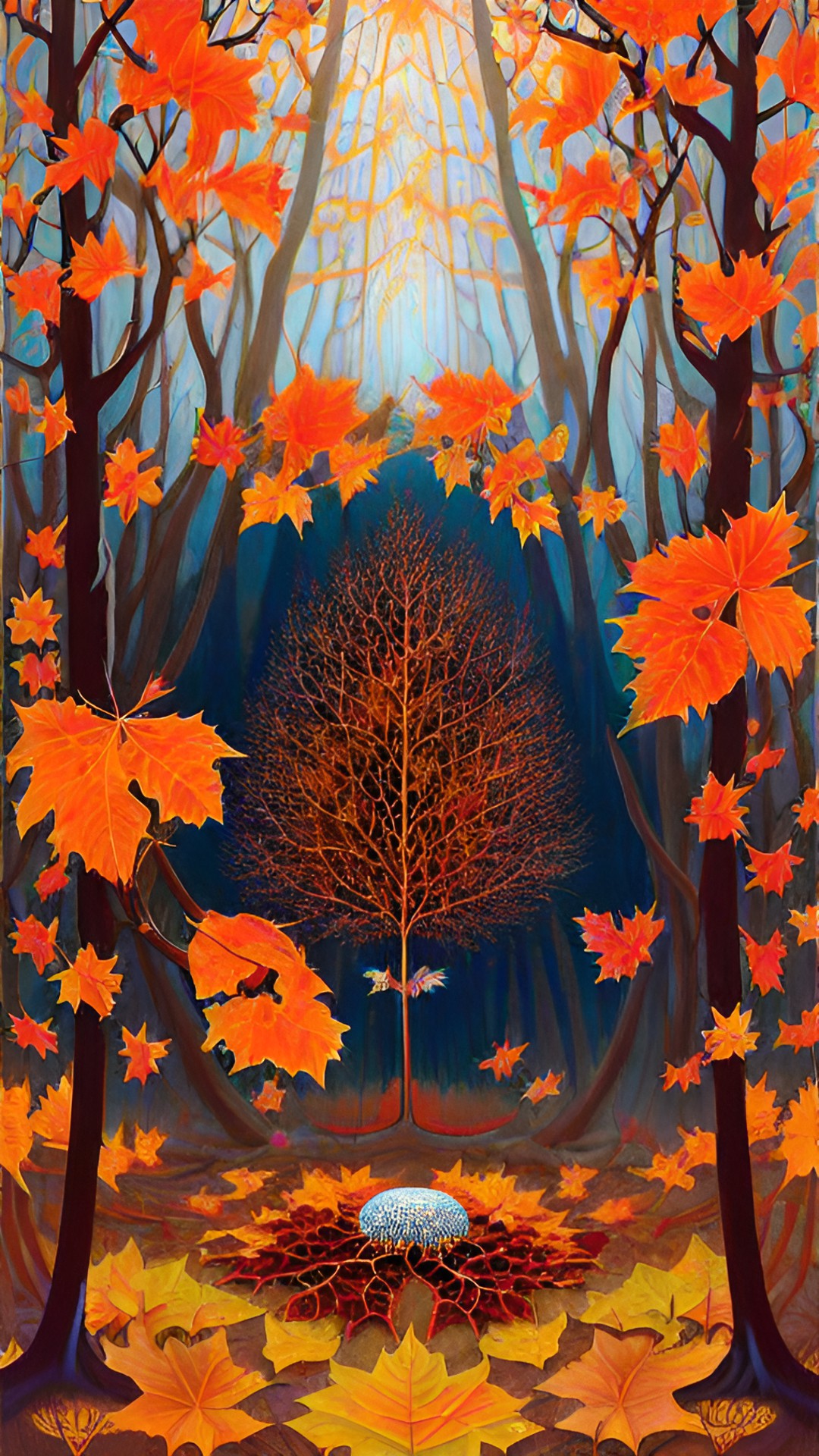 large fall leaves falling mystical forest orange brown red preview