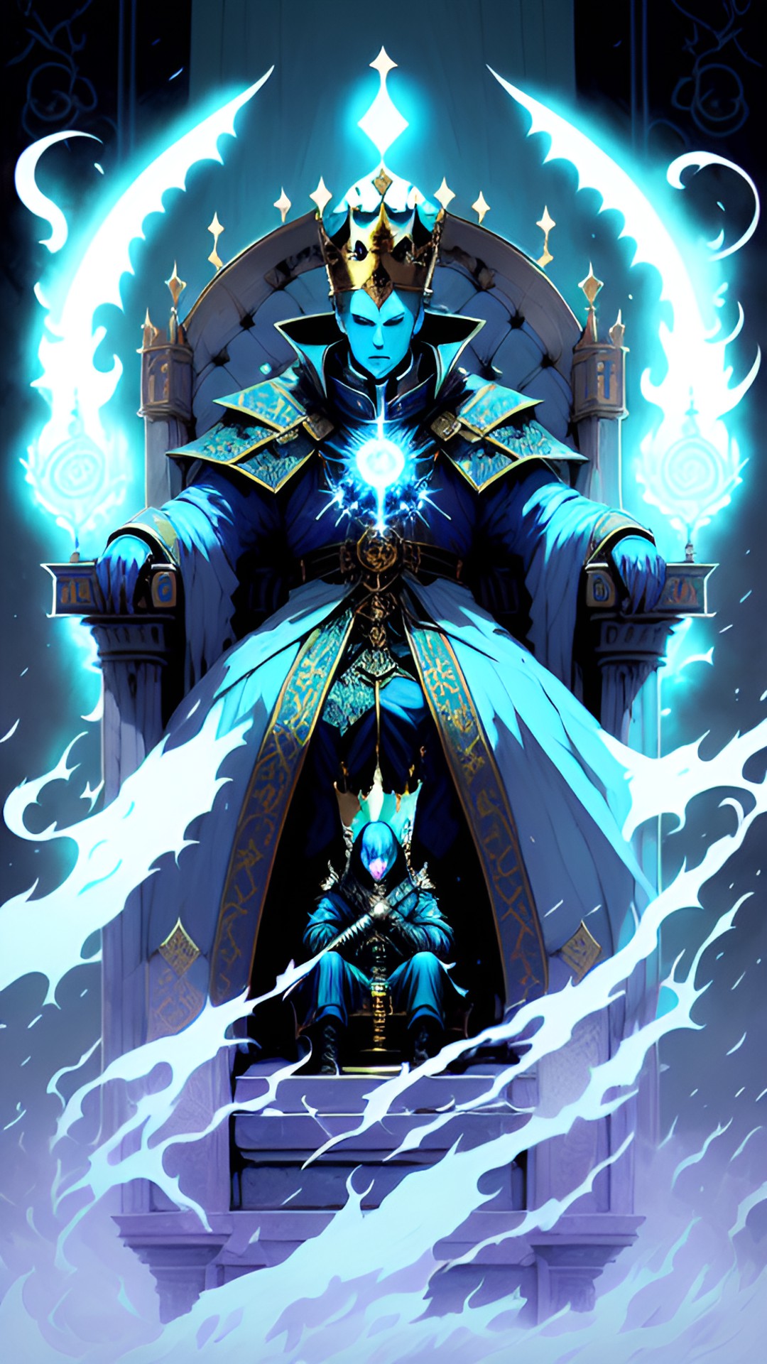 necrosis the soul-clad king, king of dead souls, light blue soul energy, undead king sitting on his throne preview