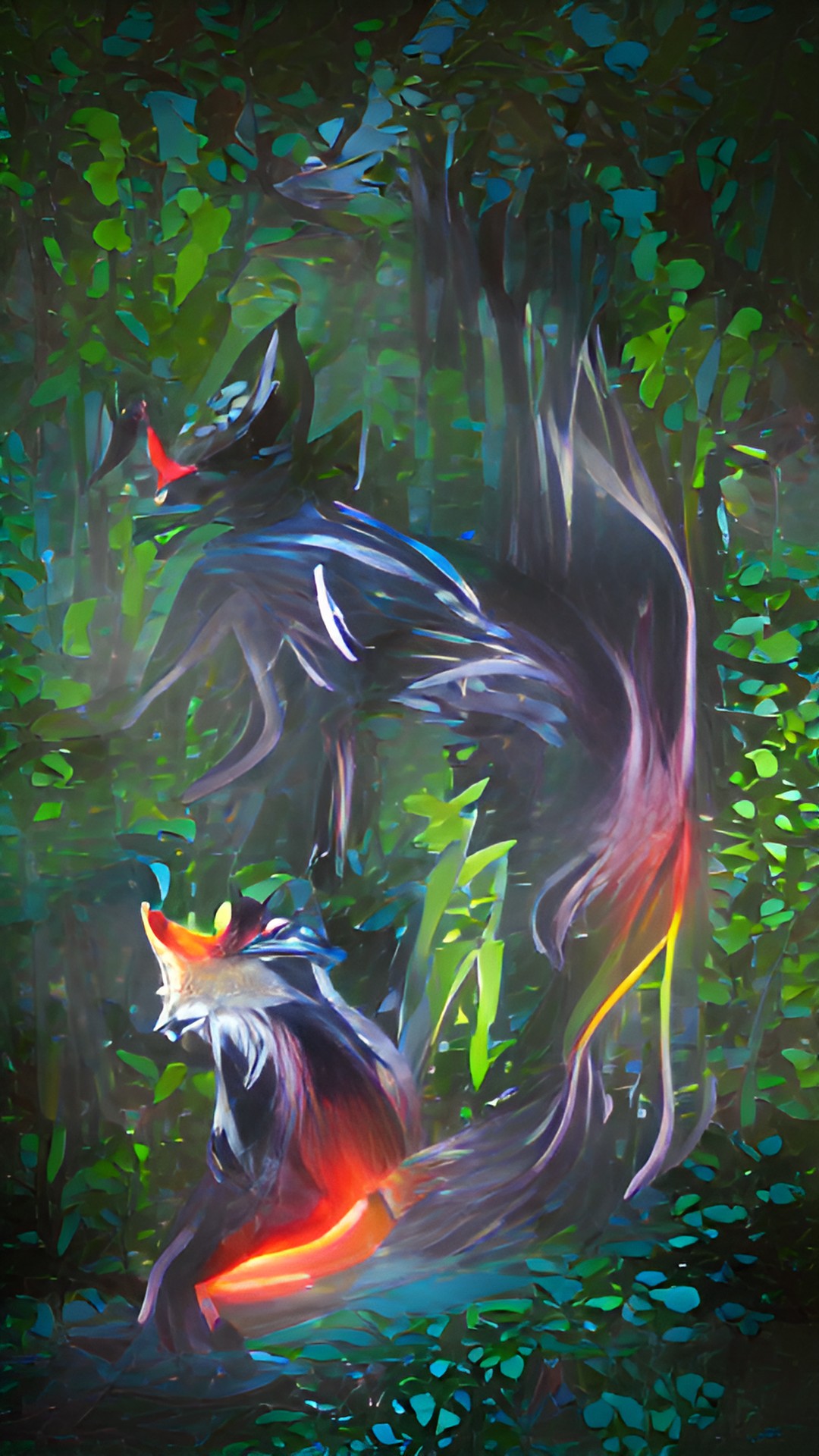 Fox - a bright neon fox with a black background - a bright neon fox is running through a dark forest, his bright fur leaving a trail of light behind him. preview
