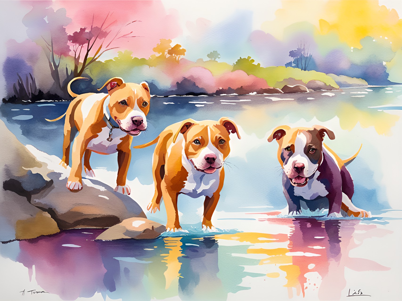 cute happy ginger pitbulls playing by a river preview