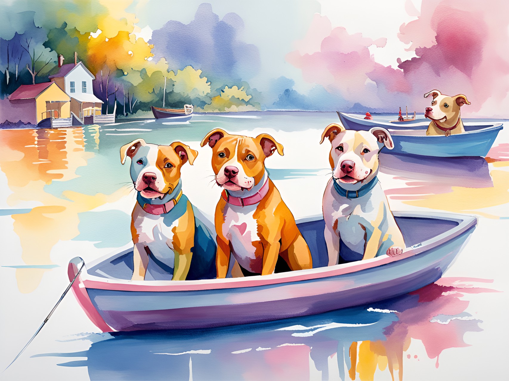 cute happy ginger pitbulls in boats on a river preview