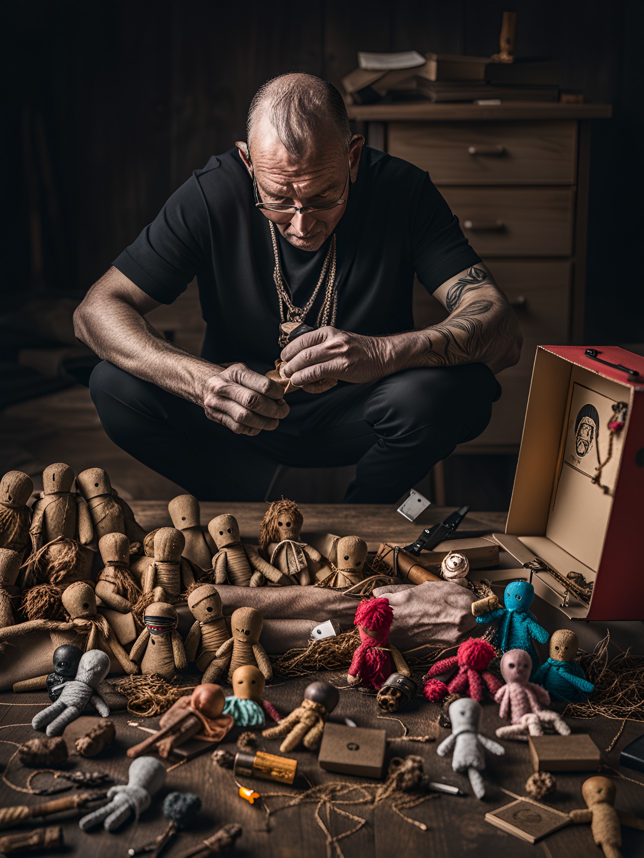 weird man tampering with a box of voodoo dolls preview