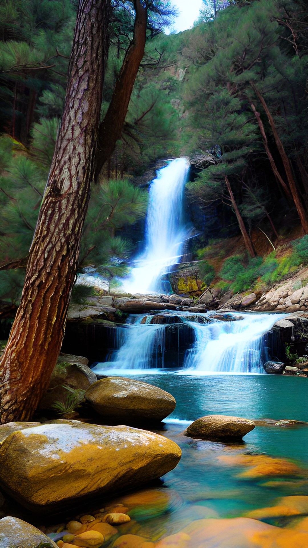 landscape mountain tall pine trees with river with waterfall blue sky carps in the water preview