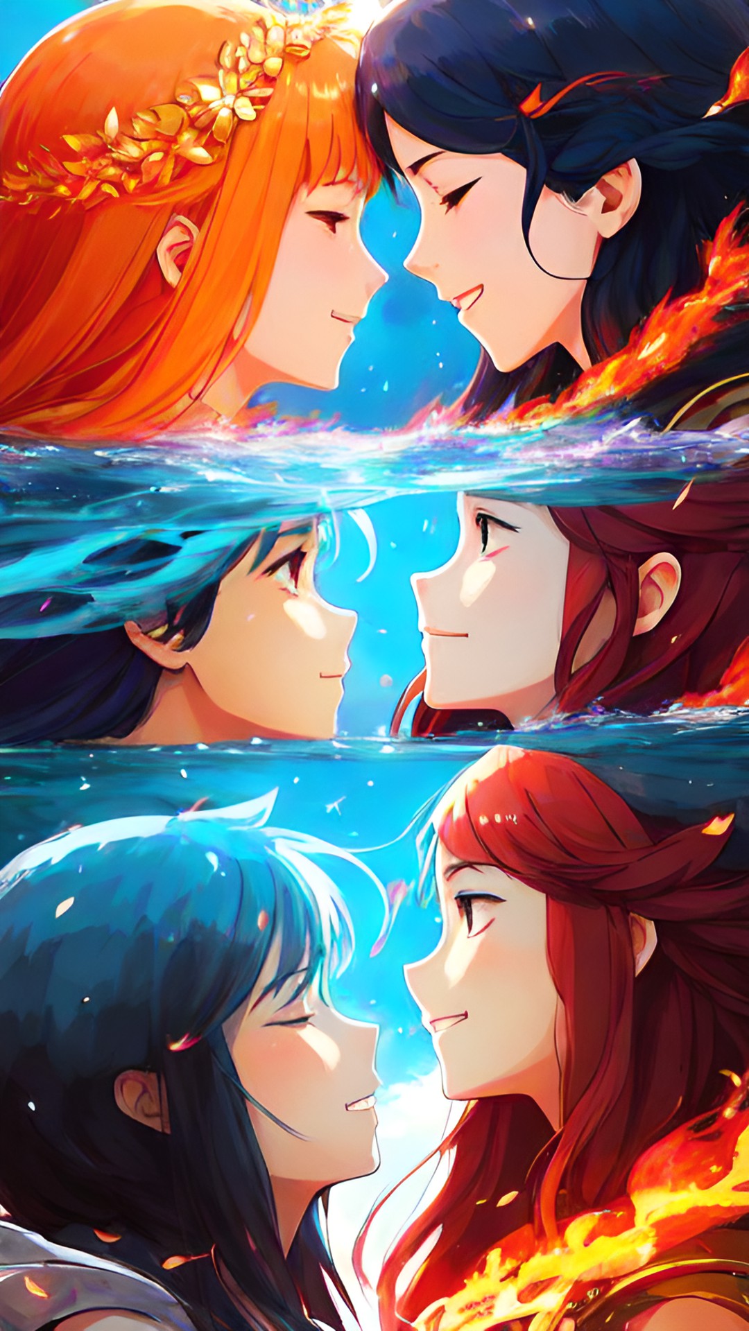 Fire & Water - water and fire goddess meet and the be friend each other - the two goddesses meet in the middle of a raging battle, and instead of fighting, they become friends. they share a laugh and a hug, surround preview