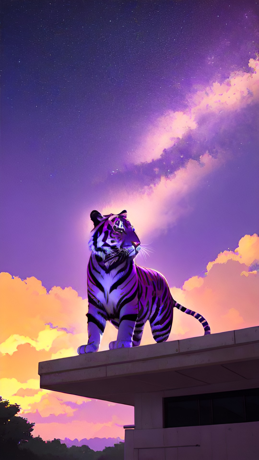 2.0 Tiger - purple tiger in tx - a purple tiger in tx, looking up at the sky with a longing expression. preview