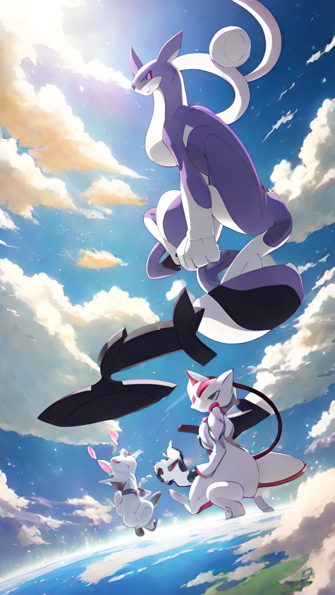 POKEMON - mewtwo  - mewtwo, the powerful psychic pokemon, levitating in the air with a look of determination in his eyes. with a pokemon trainer following it preview