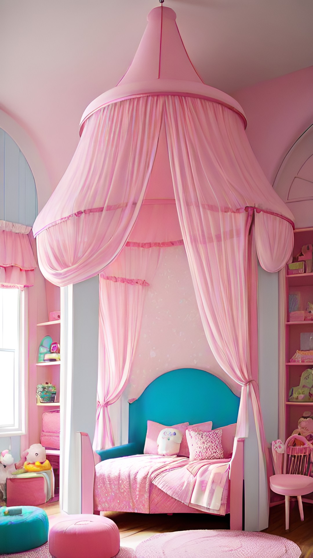 Pink Room - a pink room full of adorable plushies, a canopy bed with lights, a pink rocking horse and a large pink circle shaped bed preview