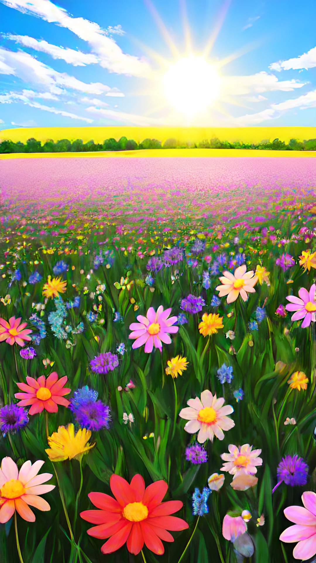 a spring day with a blooming flower field with the sun shining in the sky preview