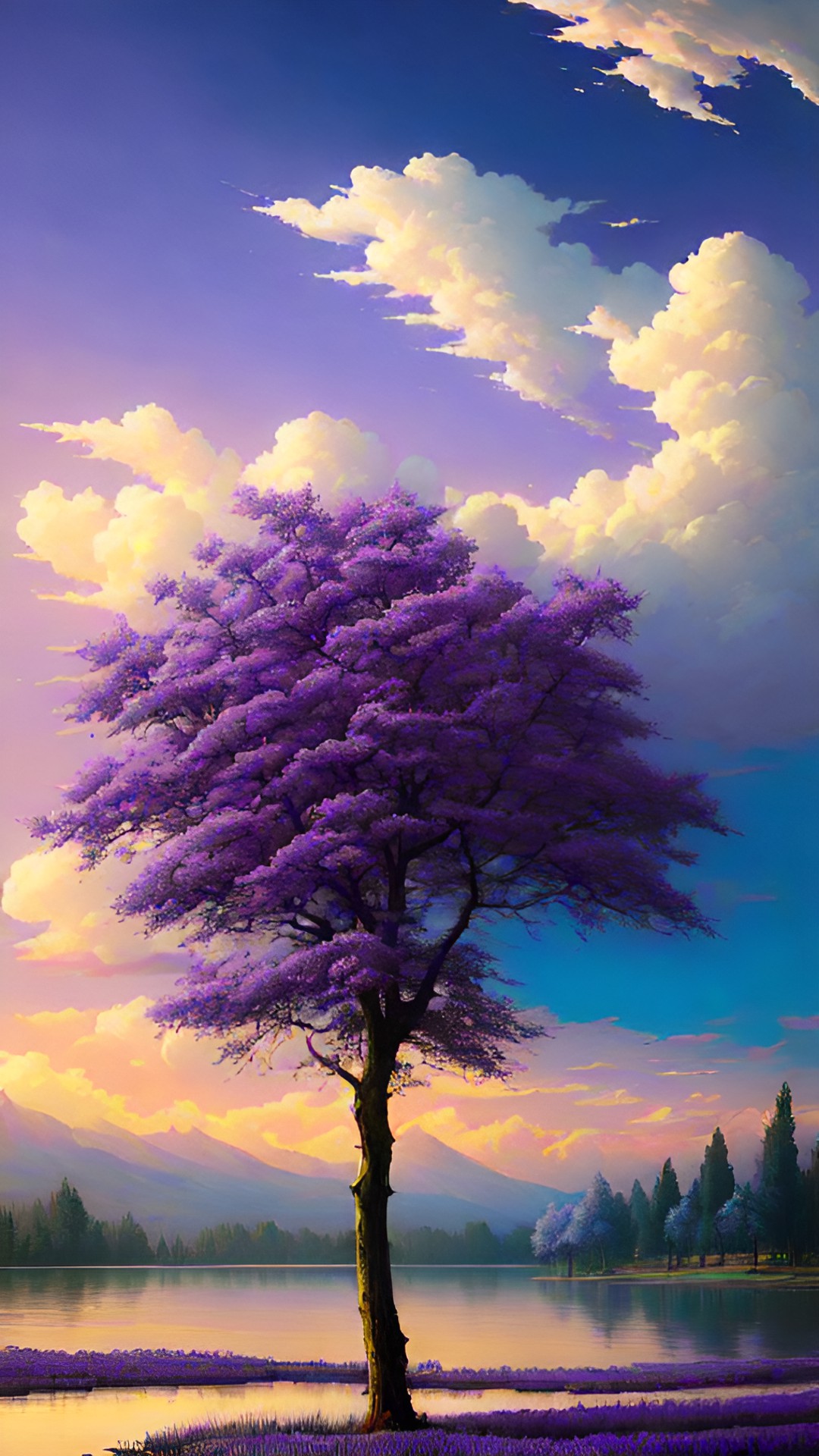 lake trees flowers purple sky white clouds preview