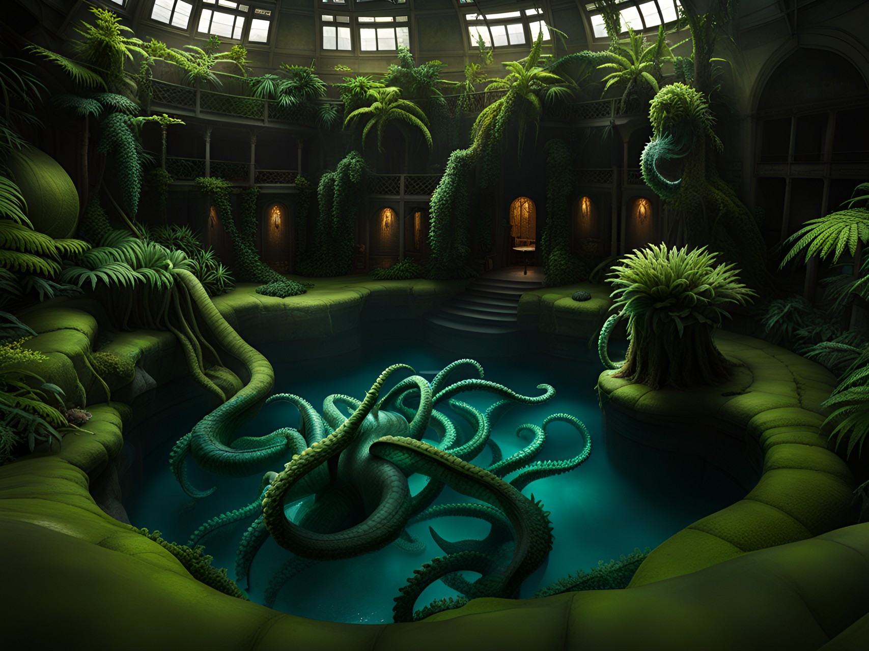 pool surrounded by hydroponically grown ferns and vines, in the pool is a tentacled creature preview