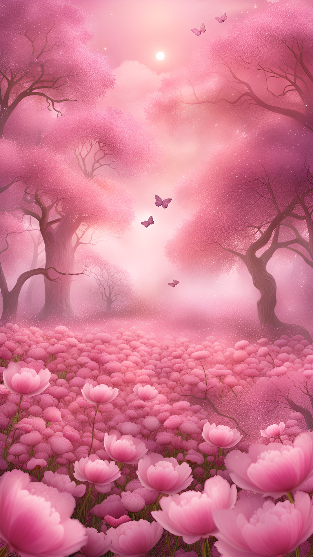 Pink Petal Paradise - ethereal dreamlike pastel pink meadow endless field filled with magical flora - peonies and more, with mystical trees - cherry blossoms, and pink petals scattered about, with pink butterflies, which exists only in the realm of imagination preview