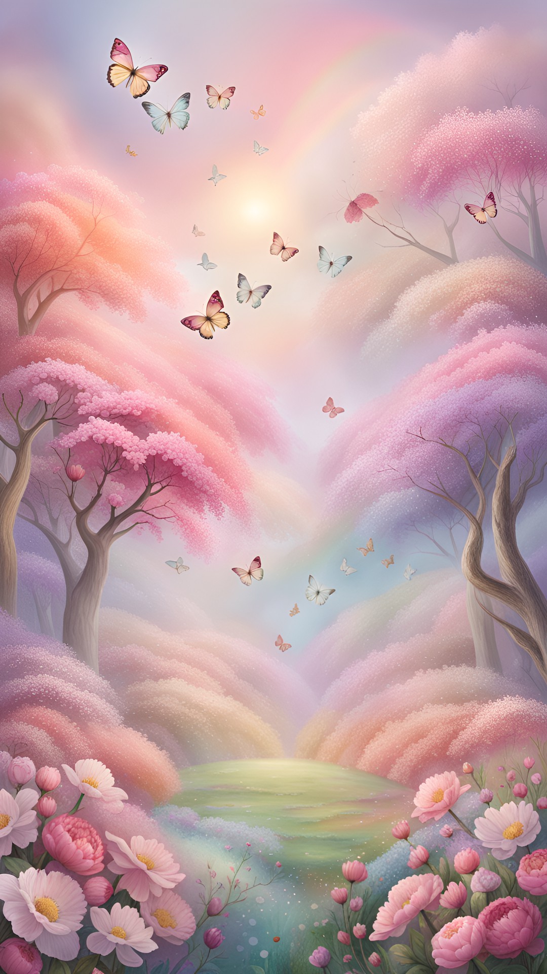 Pastel bloom - ethereal dreamlike pastel-rainbow meadow endless field filled with magical flora - peonies and more, with mystical trees - cherry blossoms, and pink petals scattered about, with pastel butterflies, which exists only in the realm of imagination preview