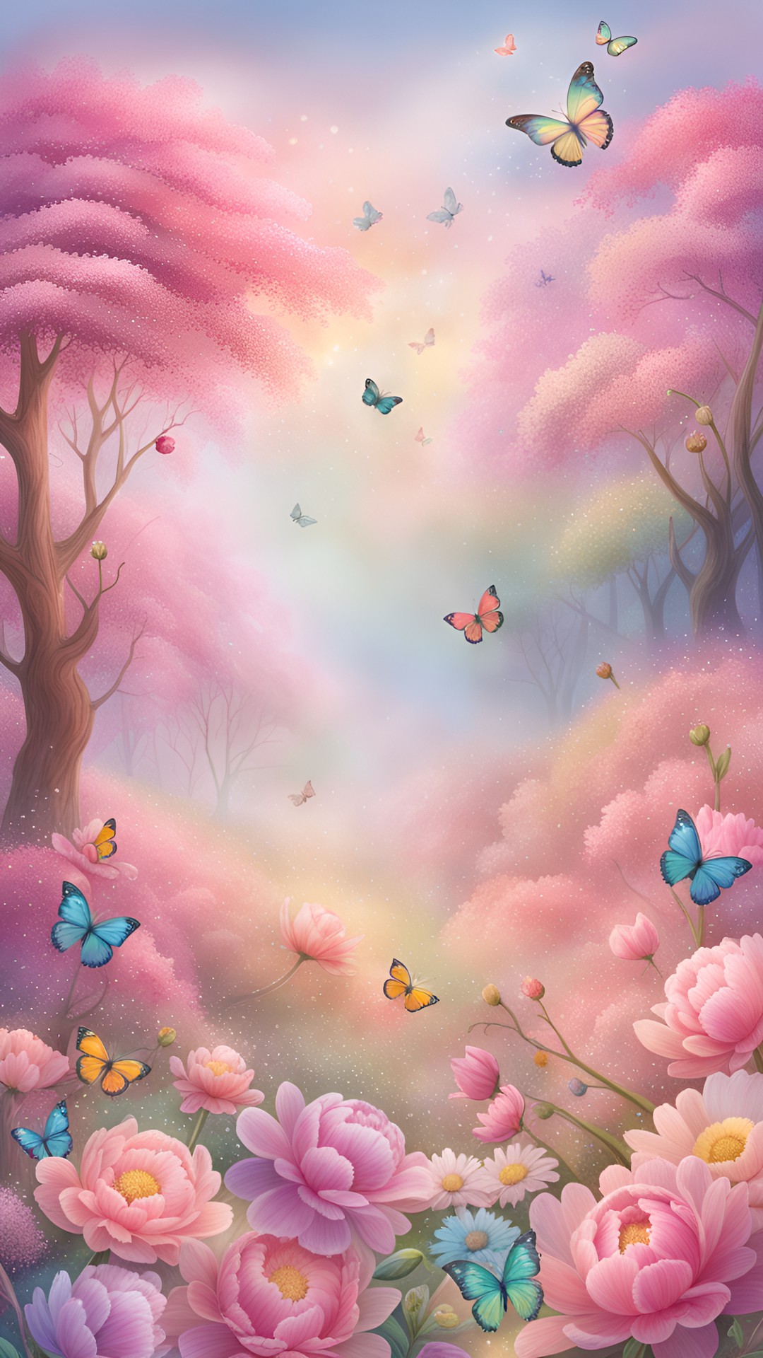 Pastel Gardenia - ethereal dreamlike pastel-rainbow meadow endless field filled with magical flora - peonies and more, with mystical trees - cherry blossoms, and pink petals scattered about, with pastel butterflies, which exists only in the realm of imagination preview