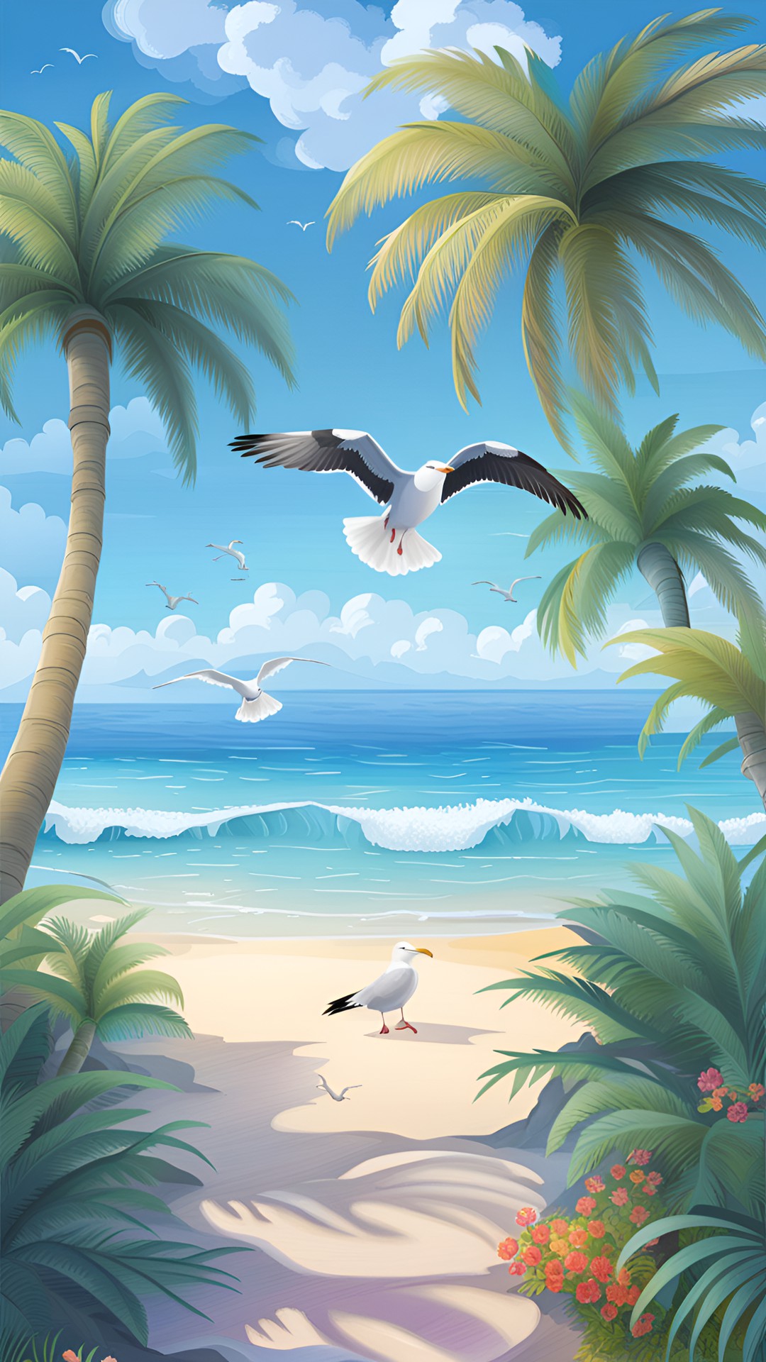 The Ocean - an ocean, palm trees, seagull, preview