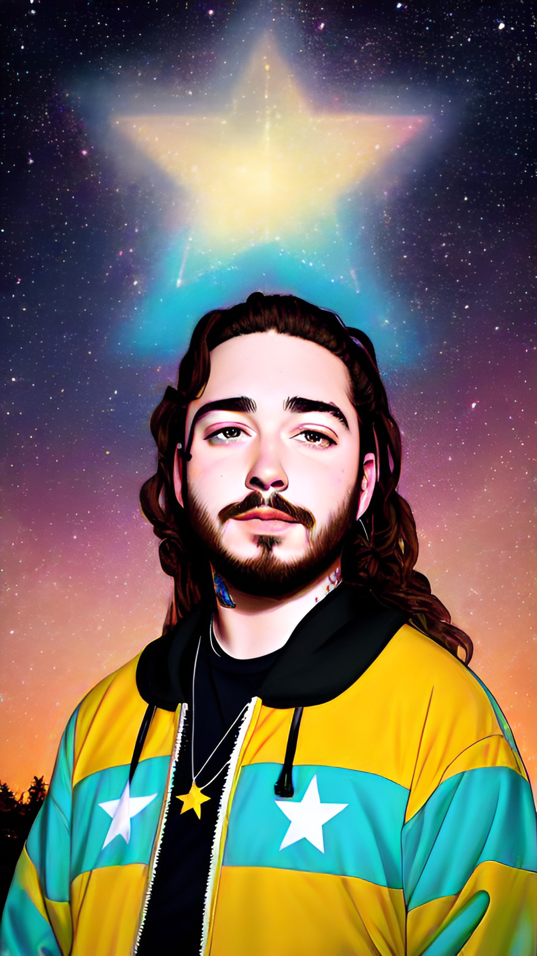 Post Malone - a portrait of post malone with a dreamy stars backy preview