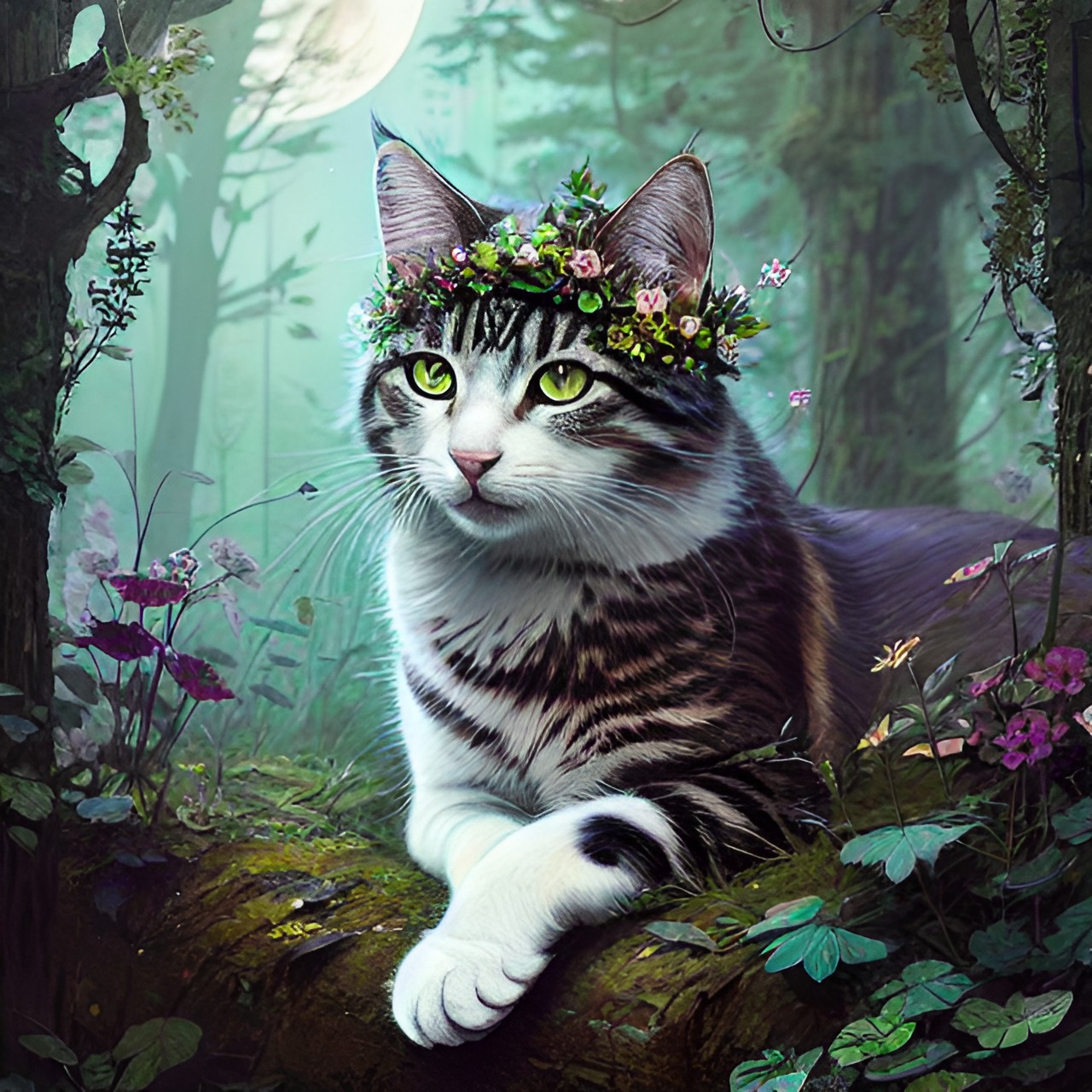 cat flower crown full moon forest preview