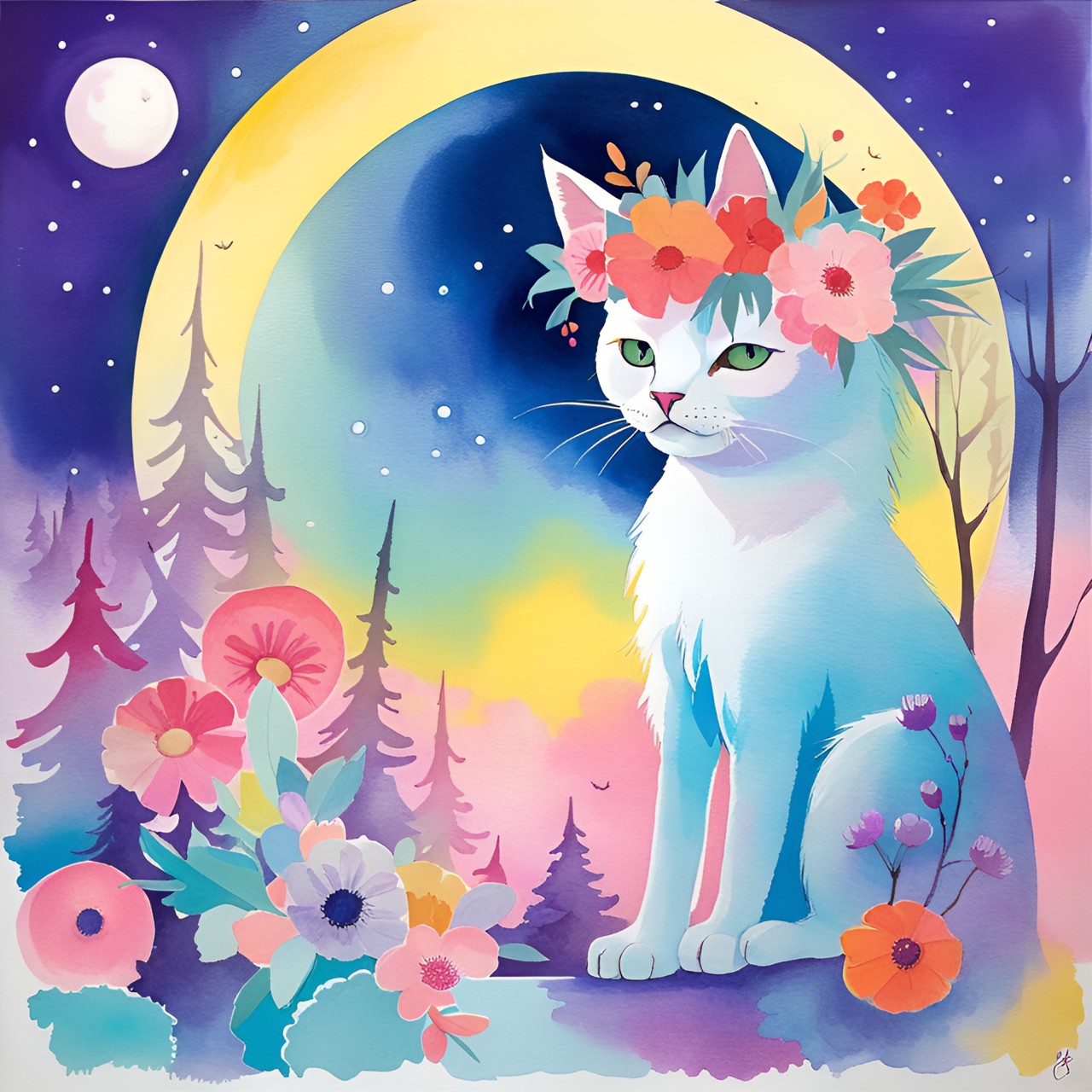 cat flower crown full moon forest preview