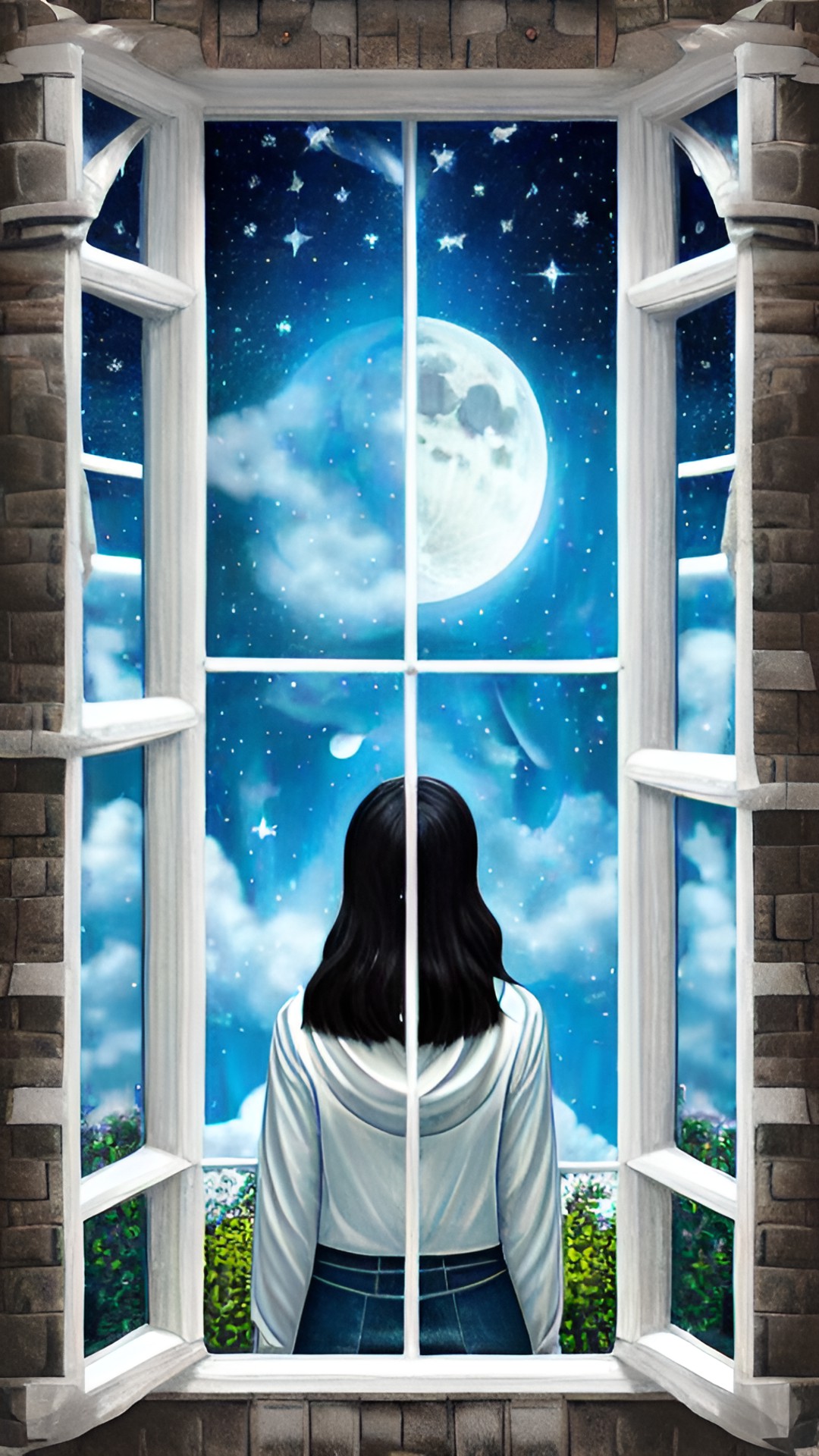 a lady with dark hair, looking at the moon in the night sky, through the window, highly detailed, fantasy art preview