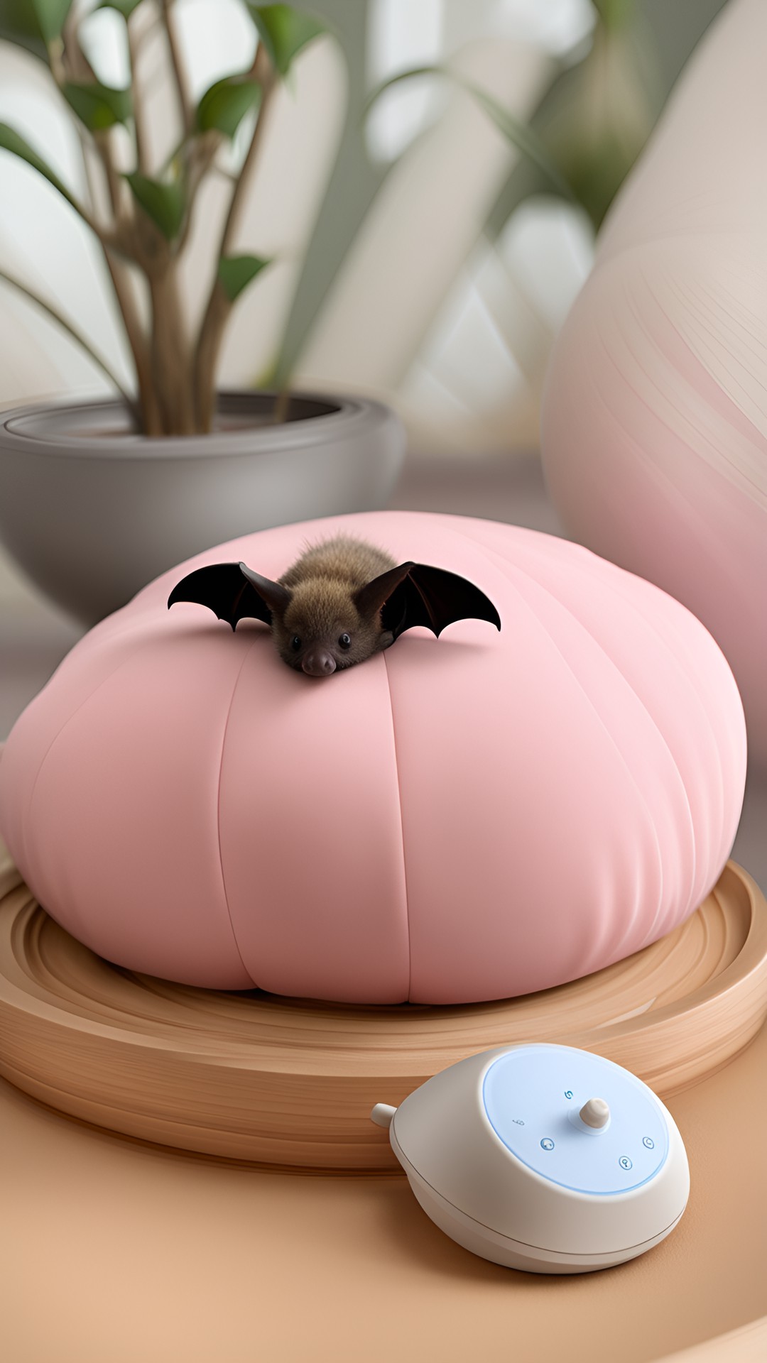 Bat Relaxing - baby bat sleeping on a pink pillow resting near an aroma diffuser preview