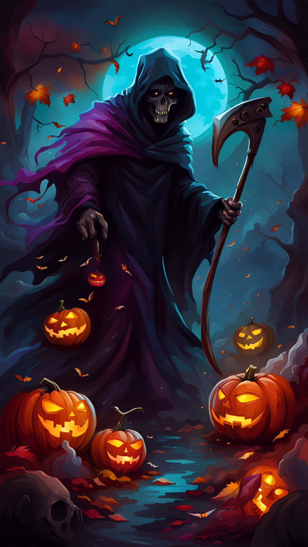 grim reaper halloween background with pumpkins and bats preview