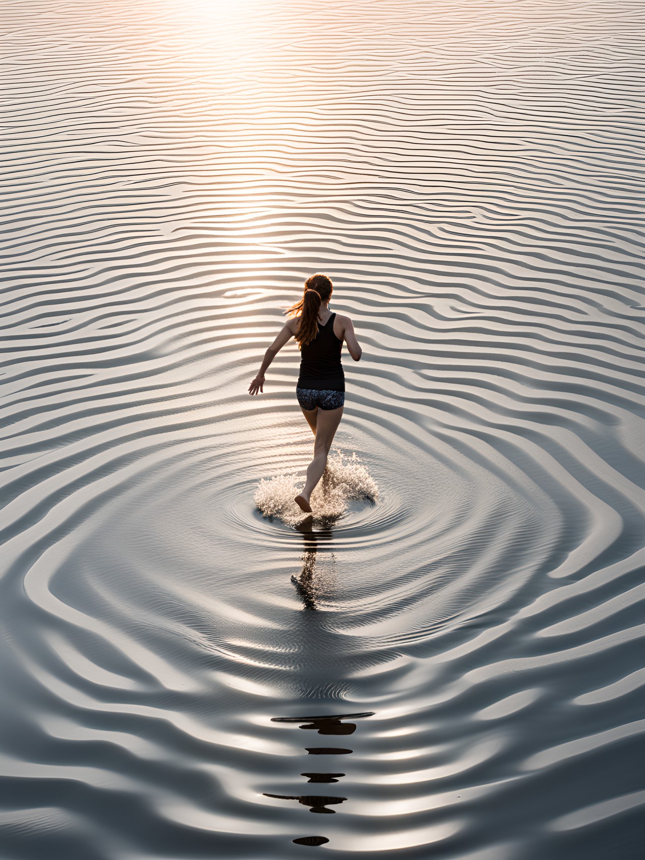 woman running on top of a lake, ripples spread from where here feet touched its surface preview