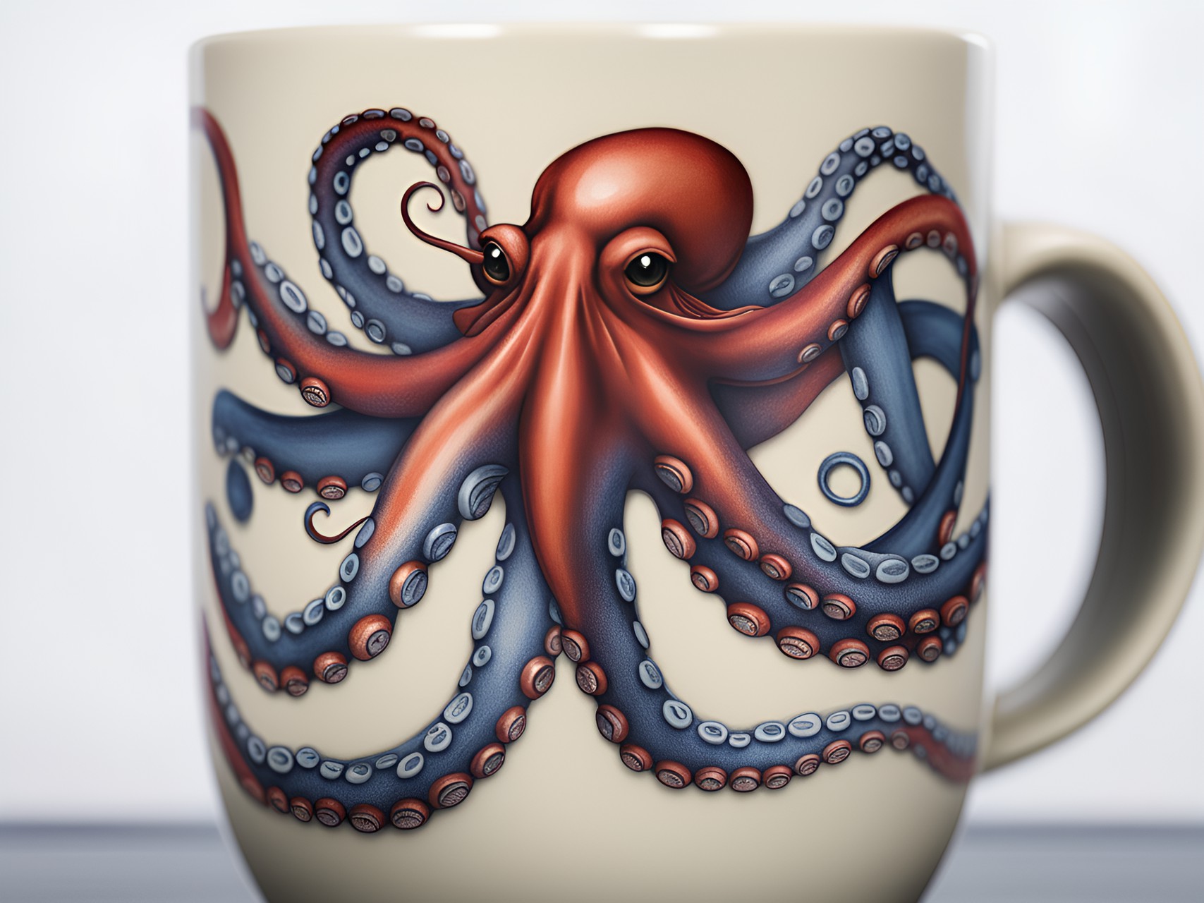 closeup on the interior of a mug of tea. an octopus colored like the union jack is reaching its tentacles towards the tea preview