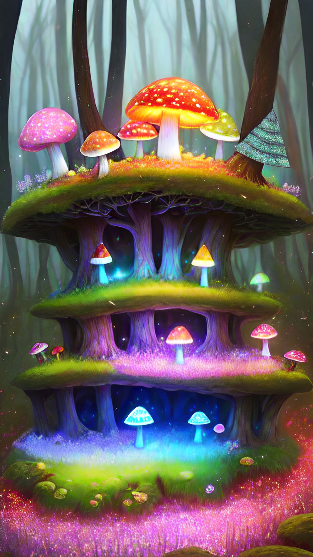 magical mushroom huts in a forest, small colored sparks preview