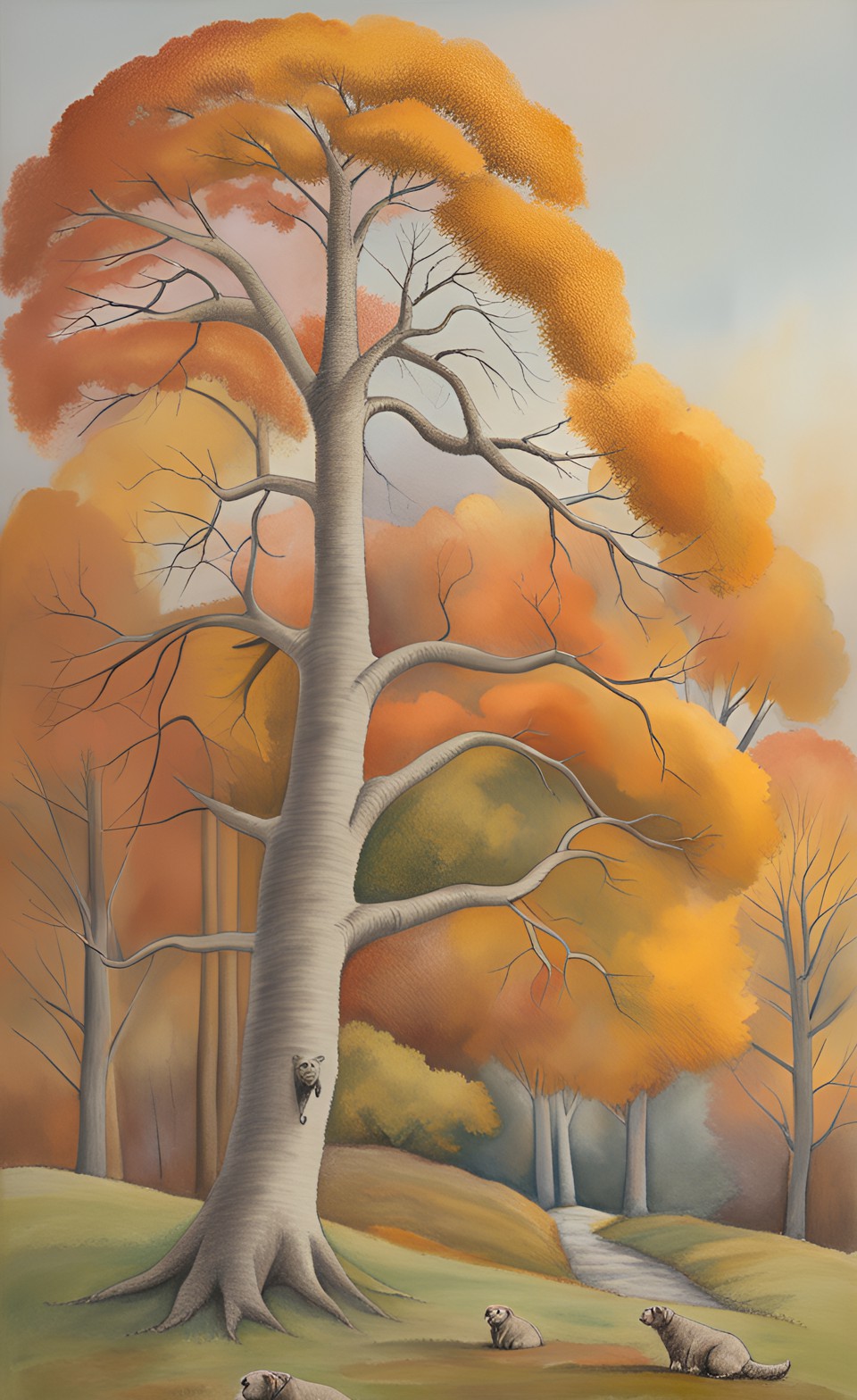 autumn tree, dogs under it - "malcolm" in pastel autumn colours preview