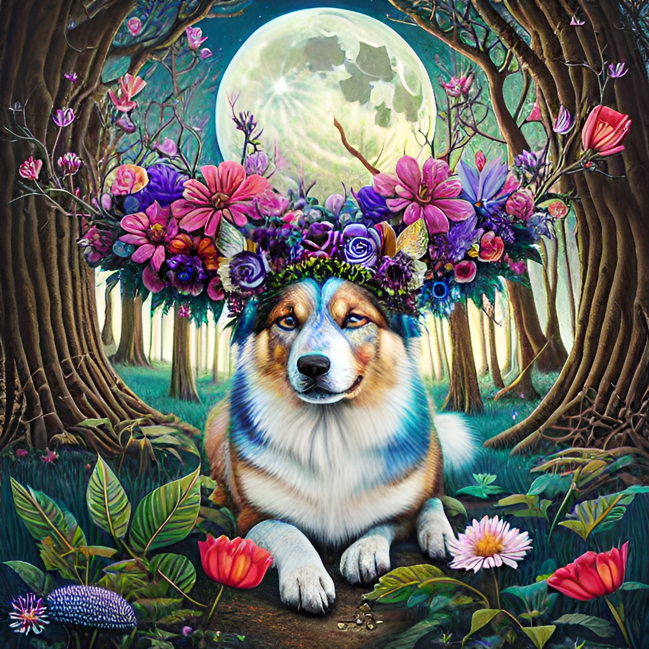 dog flower crown full moon forest preview