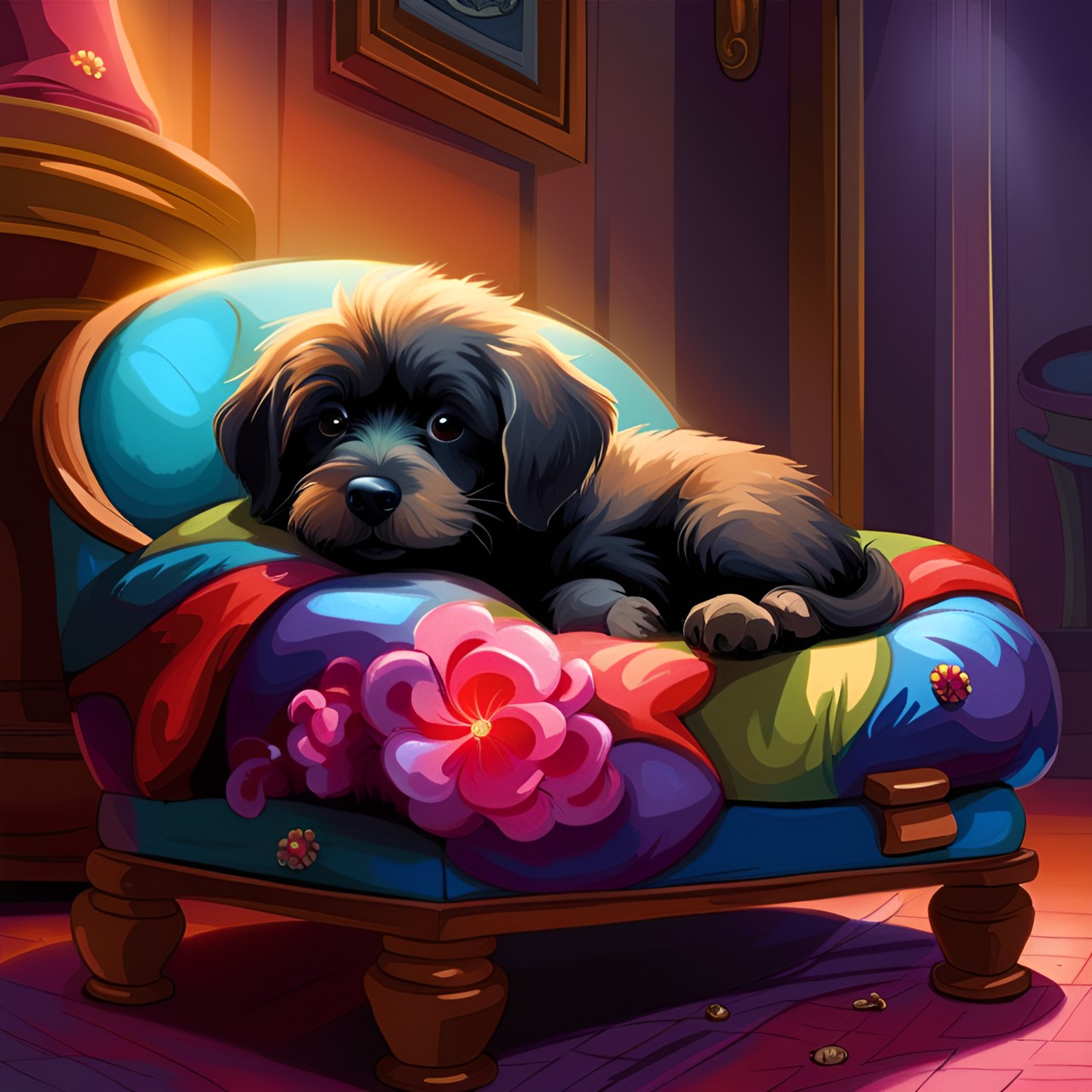 a cute little puppy is sleeping soundly in his doggy bed, next to the comfortable chair in the living room. he looks so peaceful and content, dreaming of his own home. preview