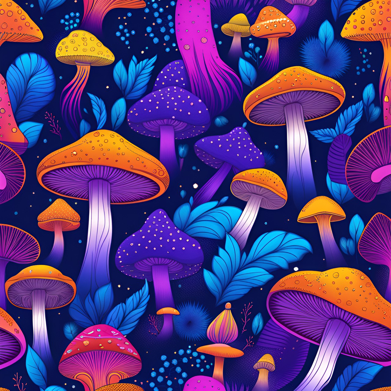 psychedelic mushrooms purple blue pink orange yellow with sparks preview