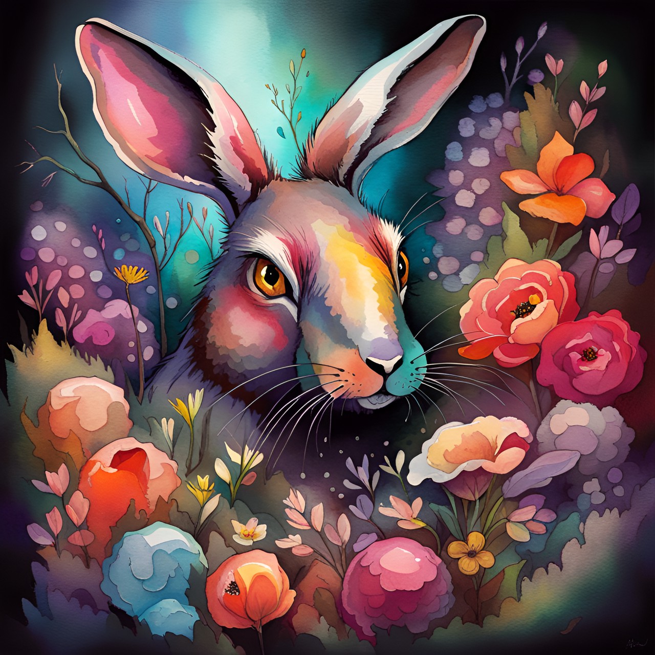 woodland hare amongst flowers watercolour style preview