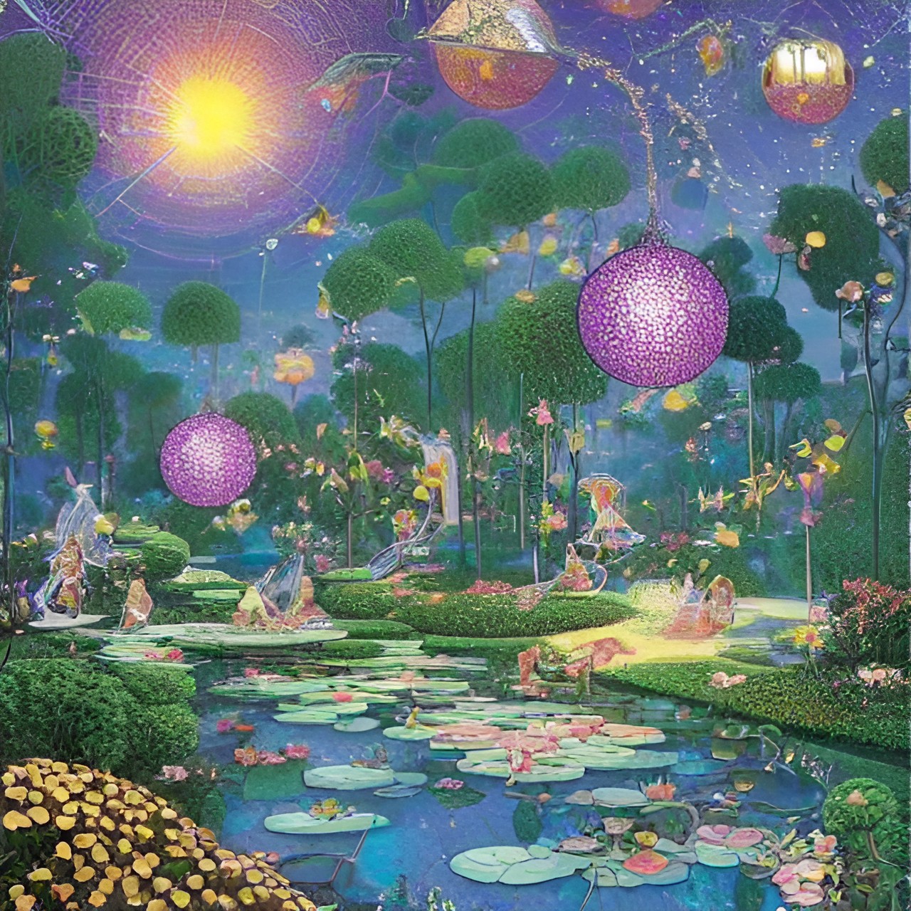 disco ball in lotus lake with little fairies dancing preview